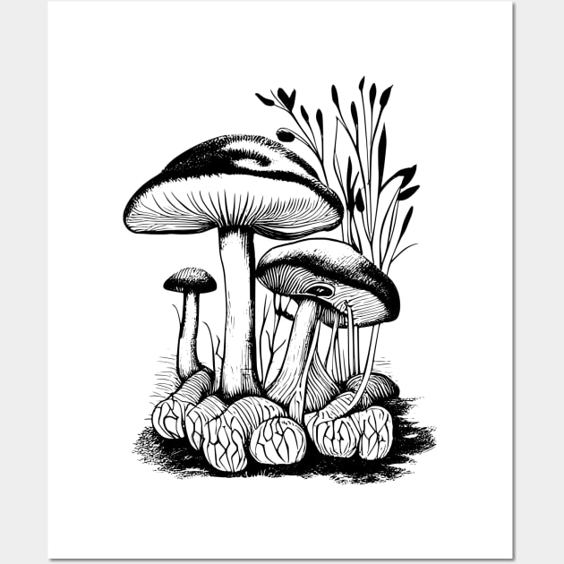 Mushroom line art wild garden collection tattoo style drawing Wall Art by jen28